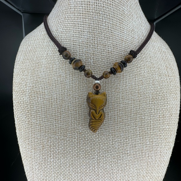 Tiger’s Eye Nine Tail Fox Pendant Necklace with Silver and Hematite on Rope - Picture 2 of 7